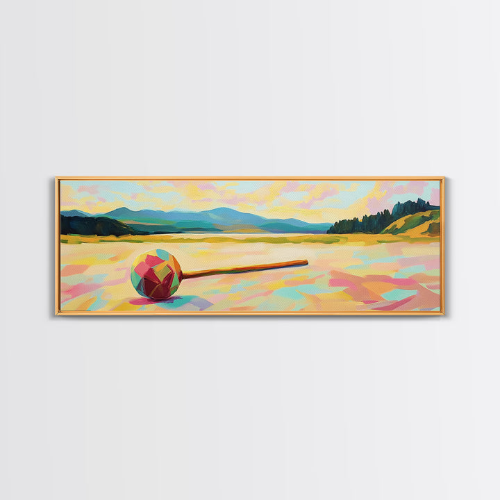 Colorful Croquet Ball And Mallet Landscape Canvas Print, Lake House Wall Decor, Summer Game Room Art, Rustic Cabin Gift Idea