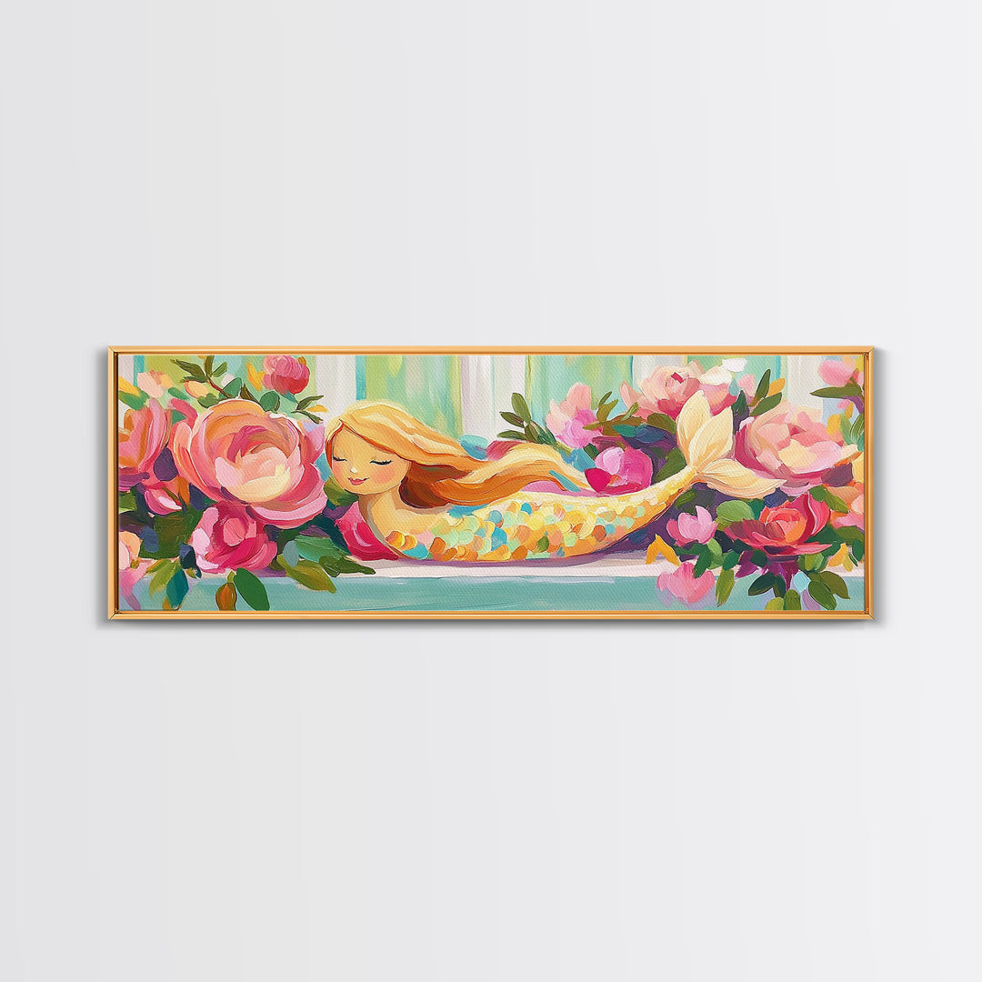 Sleeping Mermaid In Rose Garden Canvas Print, Whimsical Floral Wall Art, Girls Room Decor, Nursery Wall Art, Fantasy Gift