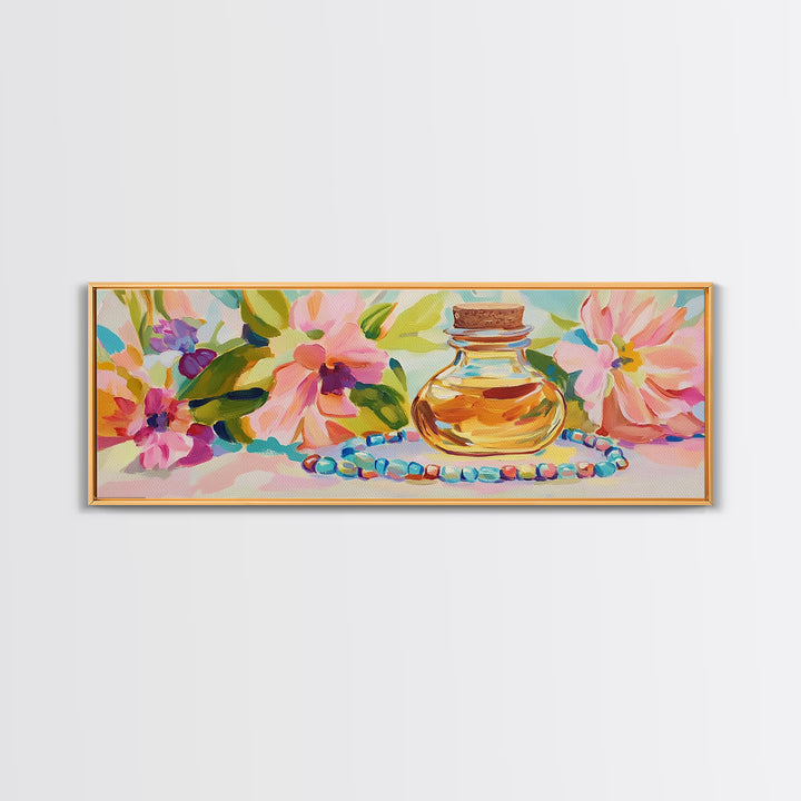 Perfume Bottle And Floral Beads Canvas Print, Feminine Wall Art, Pink Floral Home Decor, Girly Bedroom Decor Gift For Her