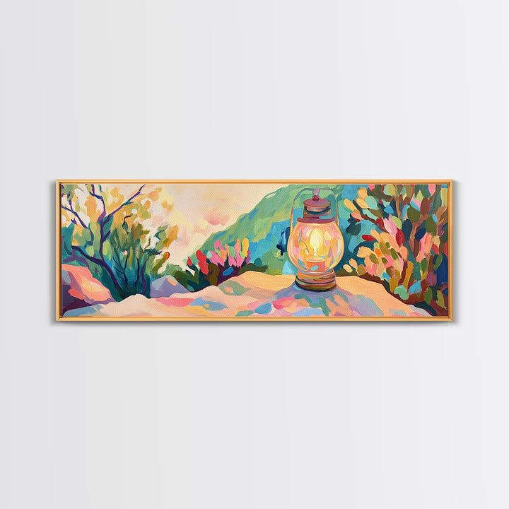 Glowing Lantern Mountain Landscape Canvas Print, Cozy Wall Art, Rustic Nature Decor, Cabin Living Room Art Print Housewarming Gift