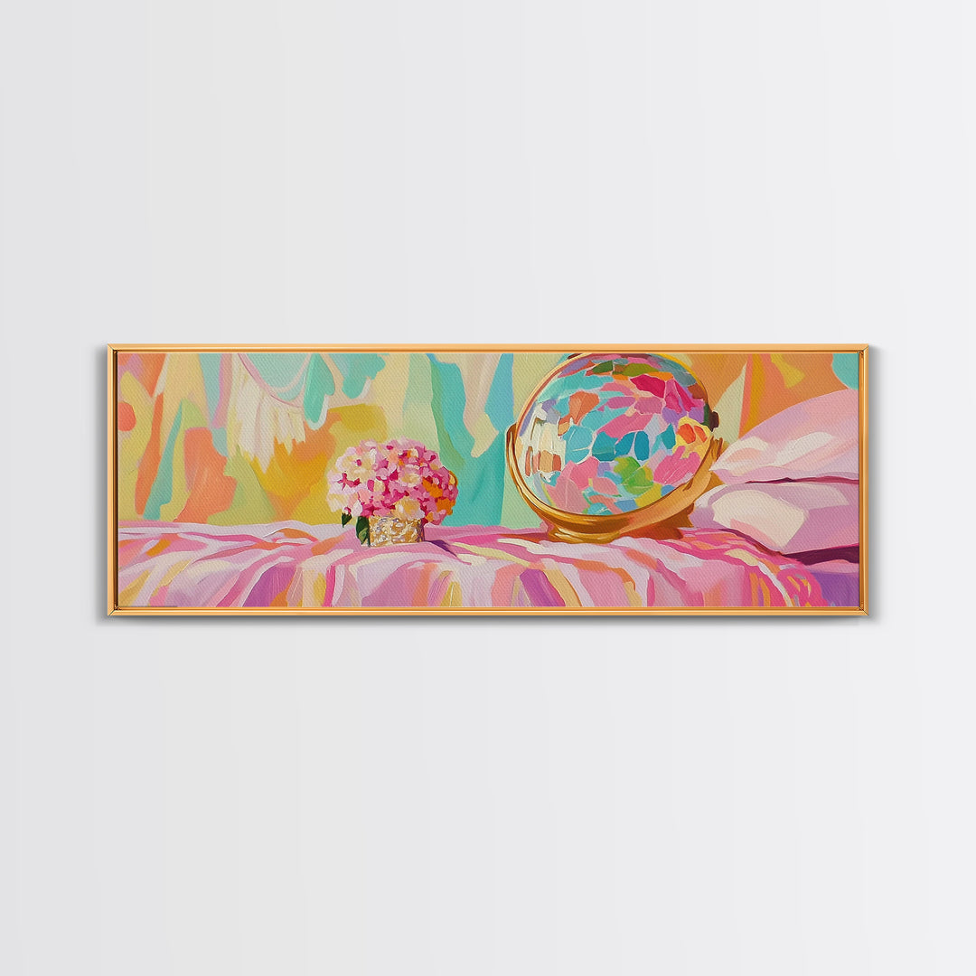 Pastel Vanity Globe And Pink Bouquet Framed Canvas Print, Girly Bedroom Wall Art, Coquette Room Decor, Gift For Her, Aesthetic Wall Art