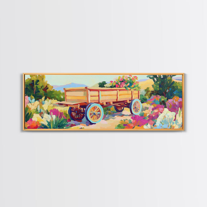 Wooden Garden Wagon In Blooming Desert Wall Art, Rustic Farmhouse Decor, Country Landscape Art Print, Housewarming Gift For New Home