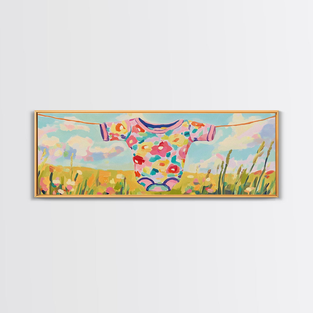 Floral Baby Onesie On Clothesline Wall Art, Nursery Wall Art For Baby Girl Room Decor, Baby Shower Gift, Kids Room Decor