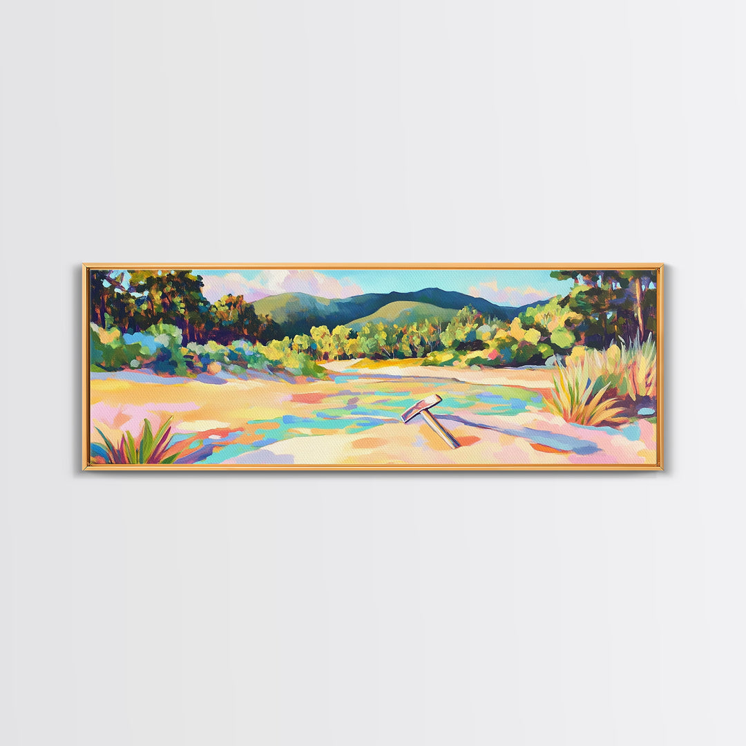 Colorful Sandy River Beach Framed Canvas Print, Coastal Wall Art, Mountain Landscape Art, Summer Decor, Housewarming Gift