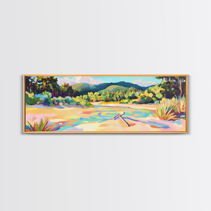 Colorful Sandy River Beach Framed Canvas Print, Coastal Wall Art, Mountain Landscape Art, Summer Decor, Housewarming Gift