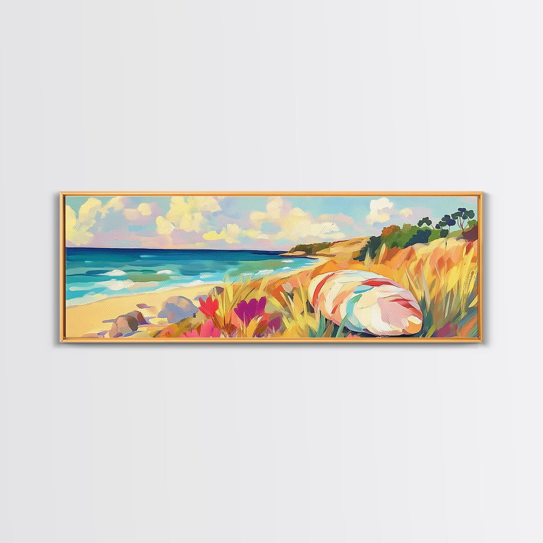 Sunny Coastal Beach With Seashell And Wildflowers Wall Art, Ocean Landscape Canvas Print, Beach House Decor, Summer Vibes