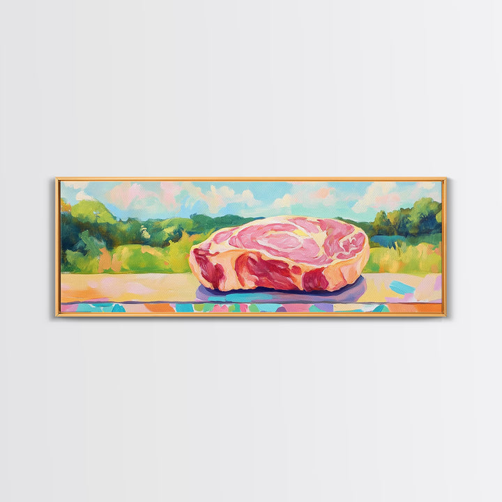 Pastel Steak Still Life In Green Meadow Wall Art, Quirky Kitchen Canvas Print, Colorful Food Decor, Dining Room Art Gift