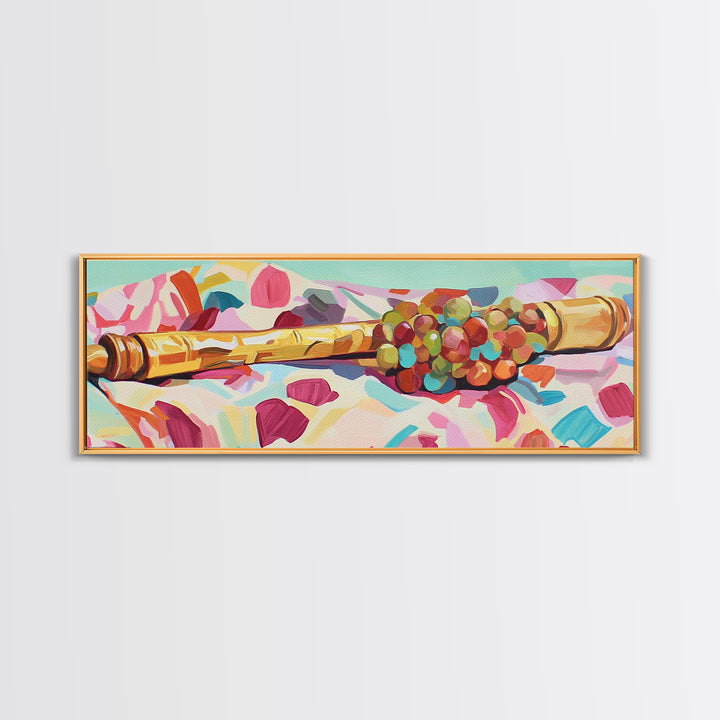 Golden Rolling Pin With Grapes Still Life Wall Art, French Kitchen Canvas Print, Wine Decor, Food Lover Housewarming Gift