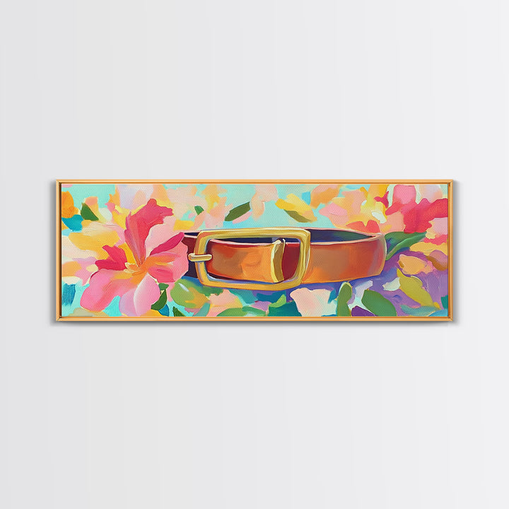 Leather Belt With Gold Buckle And Pink Flowers Wall Art, Feminine Wall Decor, Western Decor, Floral Canvas Print, Gift For Her
