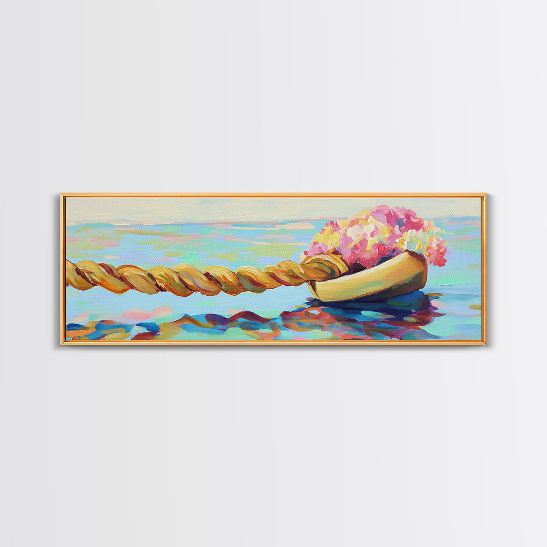 Wooden Boat With Pink Flowers And Rope On Water Canvas Print, Coastal Wall Art, Nautical Decor, Beach House Decor, Gift For Her
