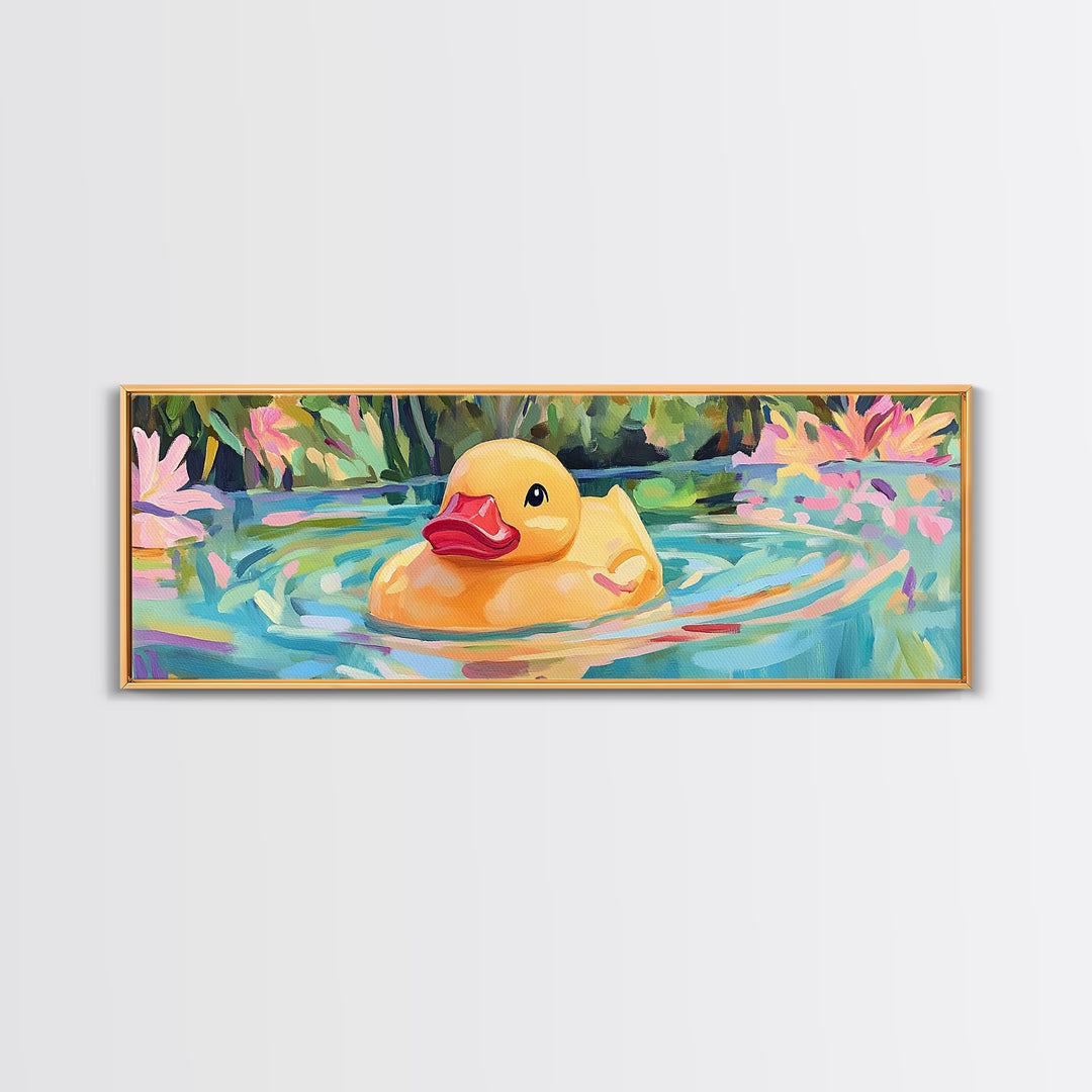 Cheerful Rubber Duck Floating In Lily Pond Wall Art, Kids Bathroom Decor, Whimsical Animal Art, Canvas Print Gift For Kids