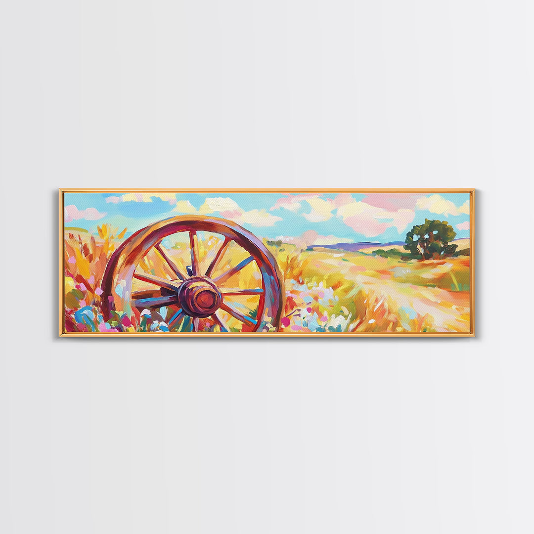Rustic Wagon Wheel In Wildflower Field Framed Canvas Print, Farmhouse Wall Art, Country Landscape Decor, Gift For Him Home Decor