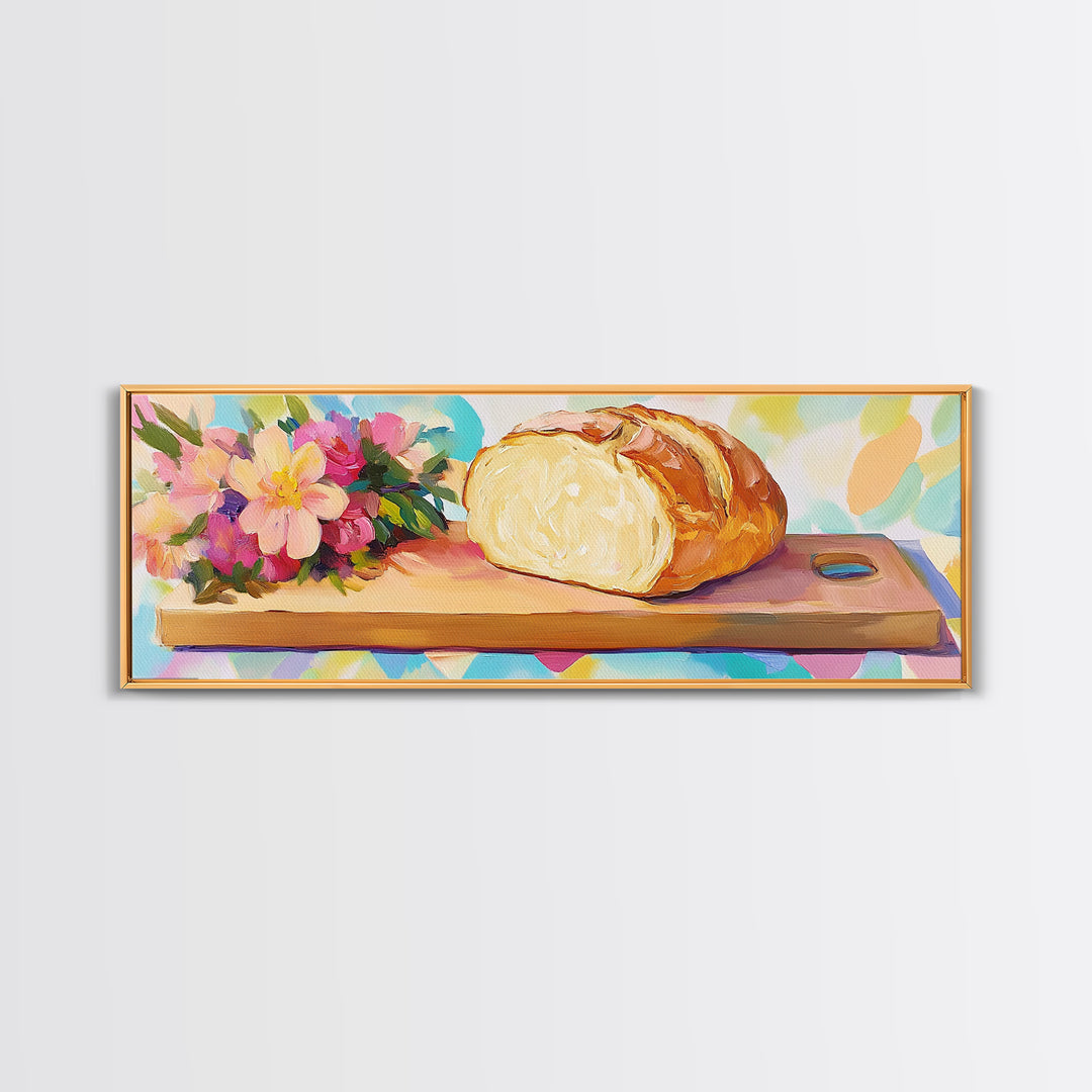 Crusty Bread Loaf And Flowers Canvas Print, Cozy Kitchen Wall Art, Bakery Decor, Food Still Life Art Print, Housewarming Gift