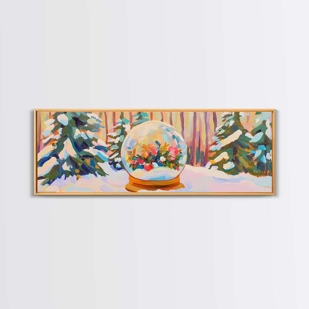 Winter Forest Snow Globe With Flowers Framed Canvas Print, Cozy Christmas Wall Art For Cabin Decor And Seasonal Home Decor