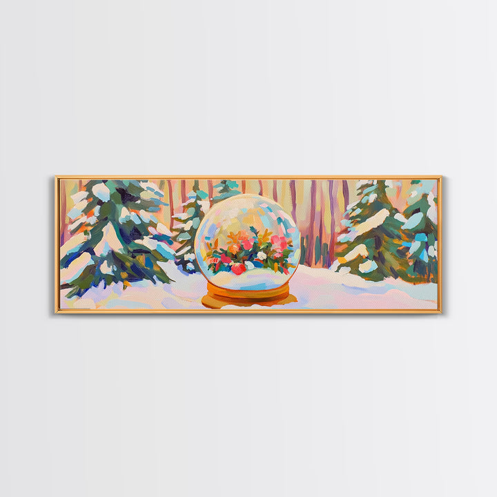 Winter Forest Snow Globe With Flowers Framed Canvas Print, Cozy Christmas Wall Art For Cabin Decor And Seasonal Home Decor