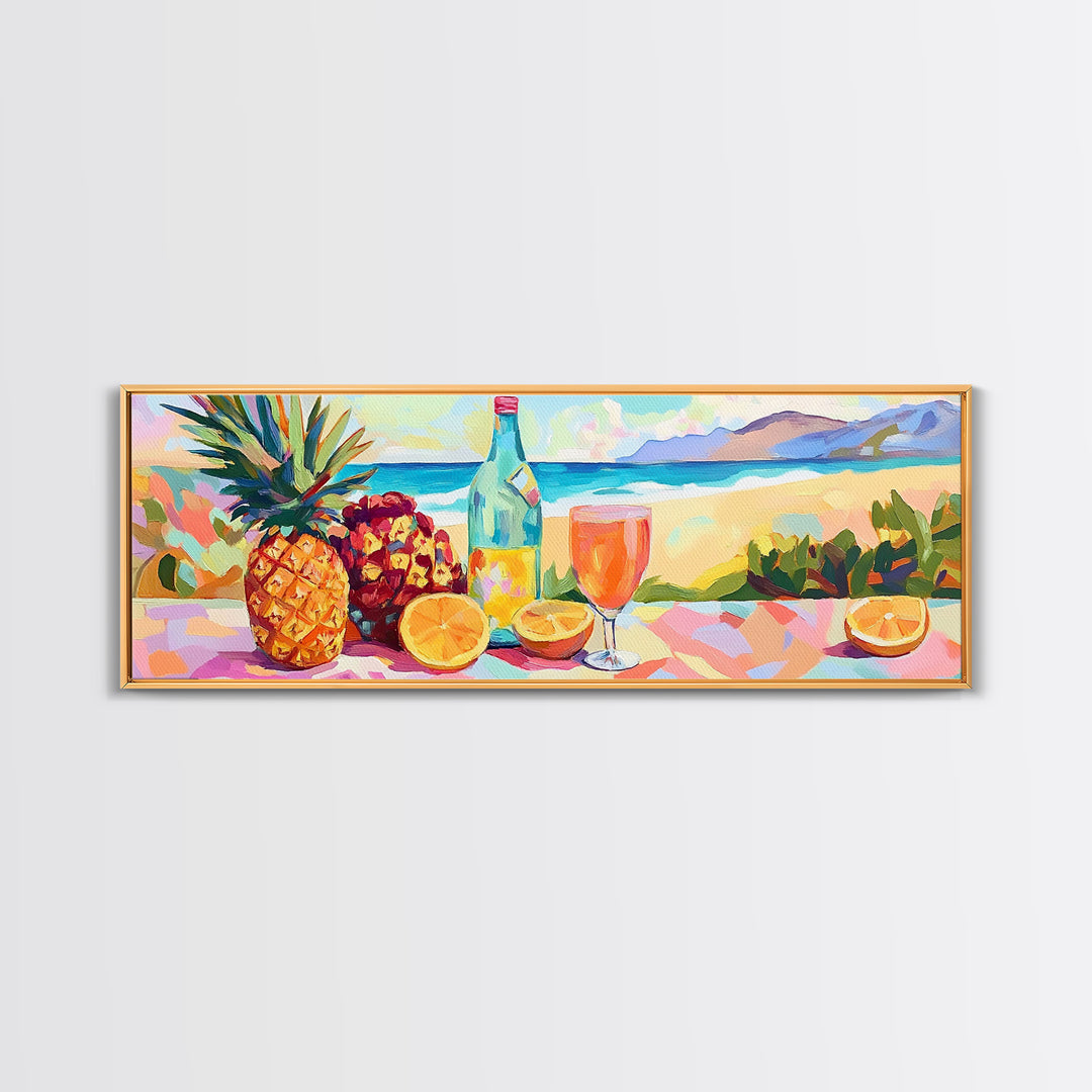 Vibrant Pineapple Citrus Beach Still Life Canvas Print, Tropical Kitchen Wall Art, Coastal Decor, Summer Bar Art Gift For Home Decor