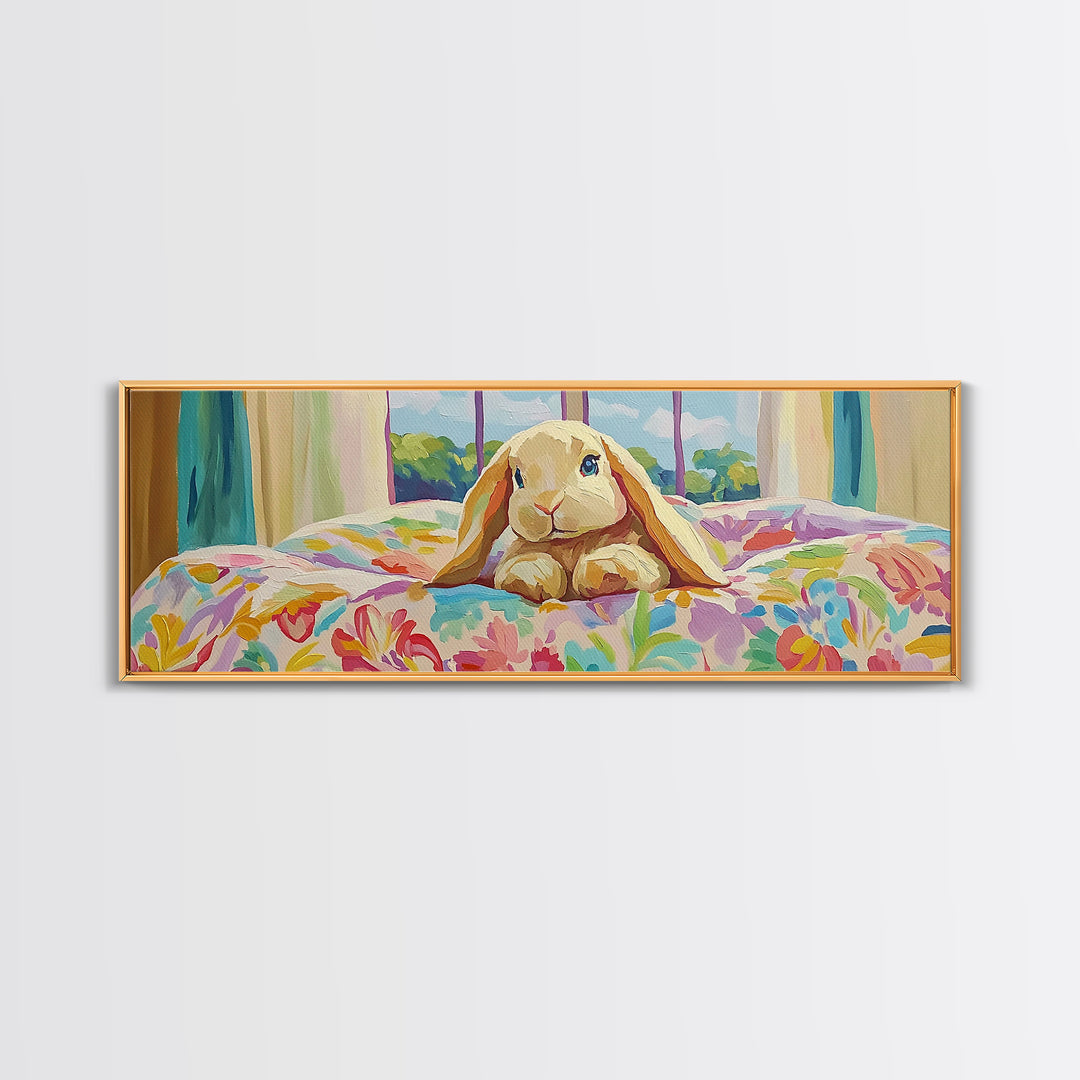 Sweet Bunny On Floral Bed Framed Canvas Print, Nursery Wall Art, Whimsical Kids Room Decor, Cute Animal Baby Shower Gift For Her