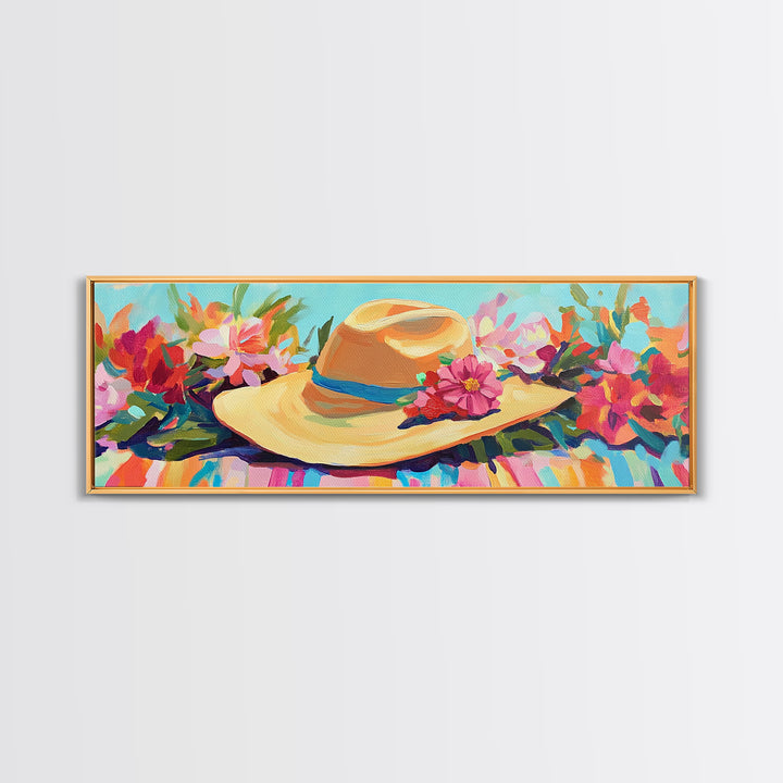Straw Sun Hat With Tropical Flowers Canvas Print, Beach Wall Art, Coastal Cowgirl Decor, Summer Fashion Gift For Her Home Decor
