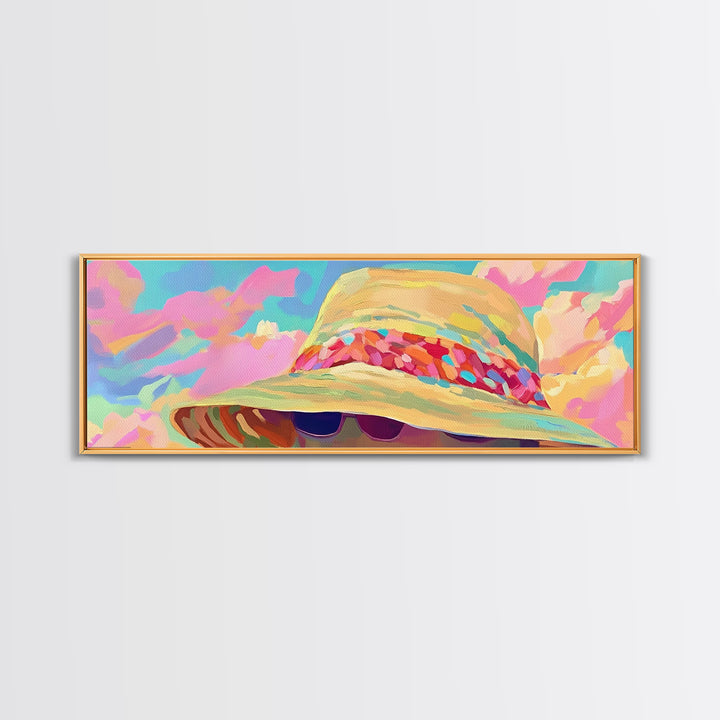 Wide Brim Beach Hat And Sunglasses Canvas Print, Coastal Wall Art, Summer Fashion Decor, Pink Preppy Bedroom Gift For Her
