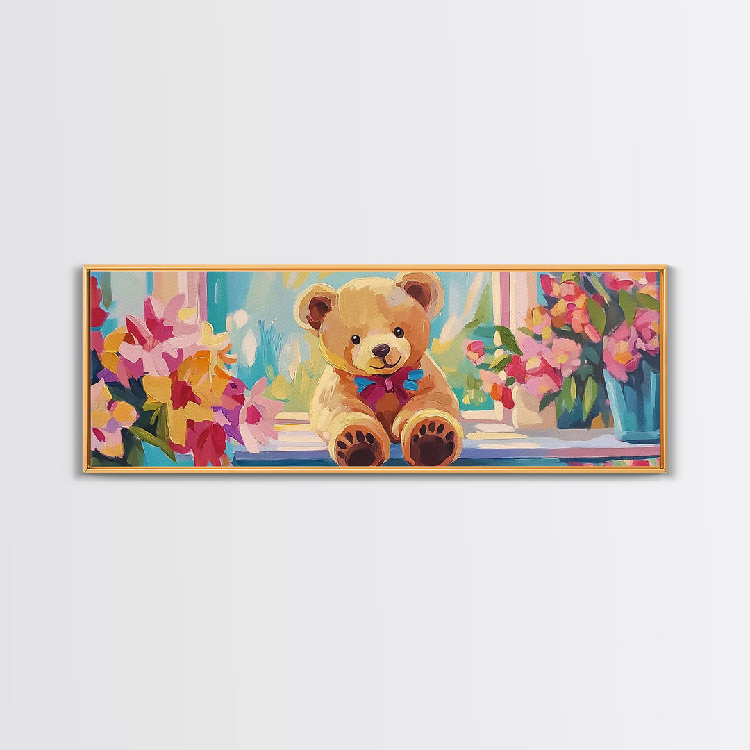 Sweet Teddy Bear By Flower Window Framed Canvas Print, Nursery Wall Art, Kids Room Decor, Whimsical Baby Girl Nursery Gift