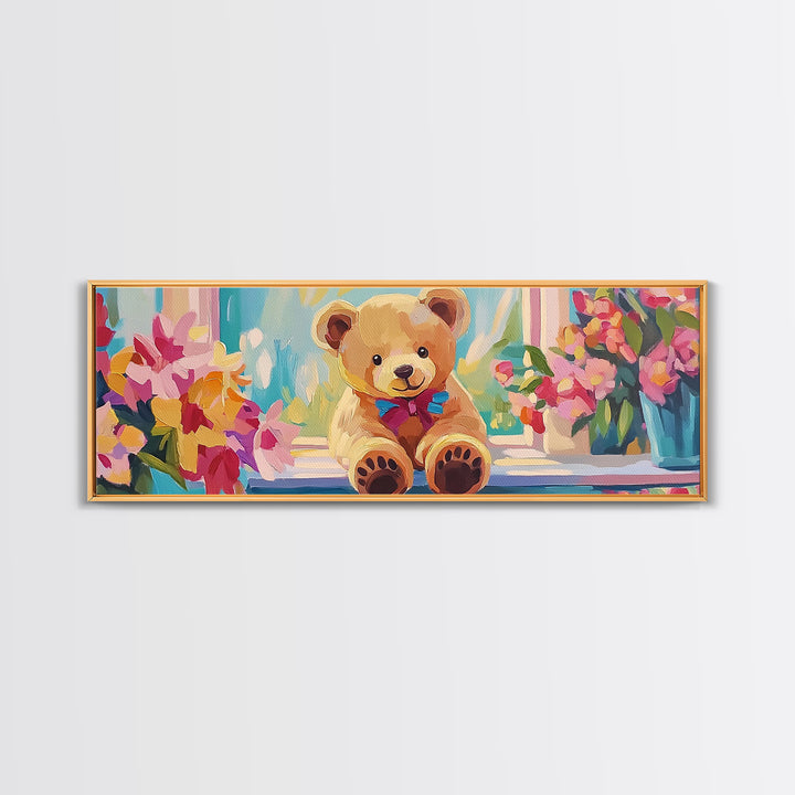 Sweet Teddy Bear By Flower Window Framed Canvas Print, Nursery Wall Art, Kids Room Decor, Whimsical Baby Girl Nursery Gift