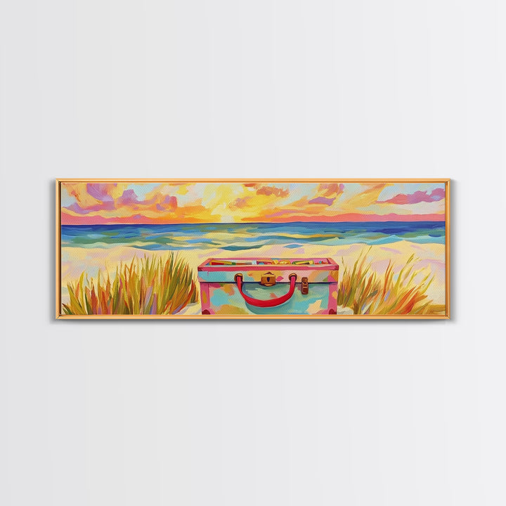 Beach Suitcase At Sunset Canvas Print, Coastal Wall Art, Ocean Wall Decor, Travel Poster, Beach House Decor Gift For Her