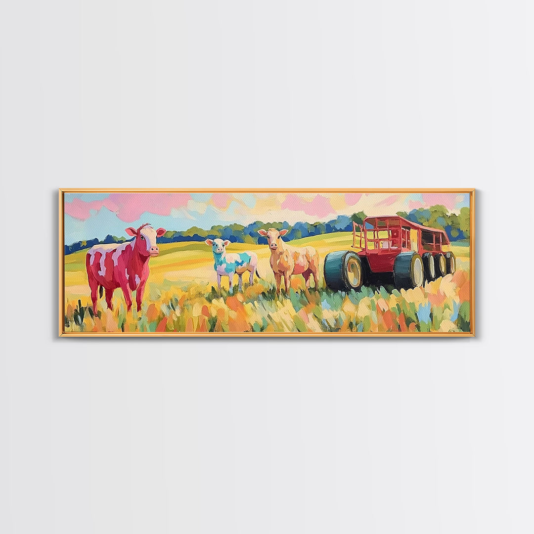 Cows And Sheep Beside Red Farm Wagon Canvas Print, Rustic Farmhouse Wall Art, Country Landscape, Nursery Animal Decor, Baby Shower Gift