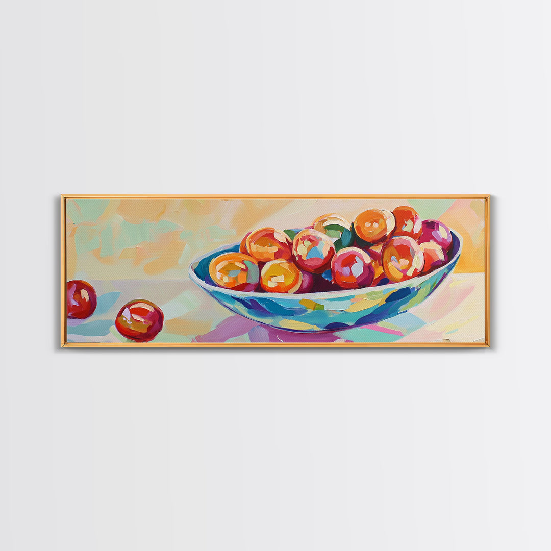 Glossy Cherries In Blue Bowl Canvas Print, Colorful Kitchen Wall Art, Fruit Still Life Painting, Dining Room Decor Gift Idea