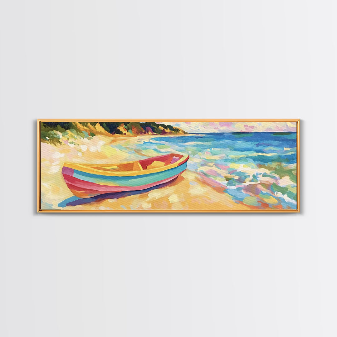 Striped Rowboat Beside Turquoise Waves Wall Art, Coastal Canvas Print, Seascape Painting, Beach House Decor, Ocean Wall Art