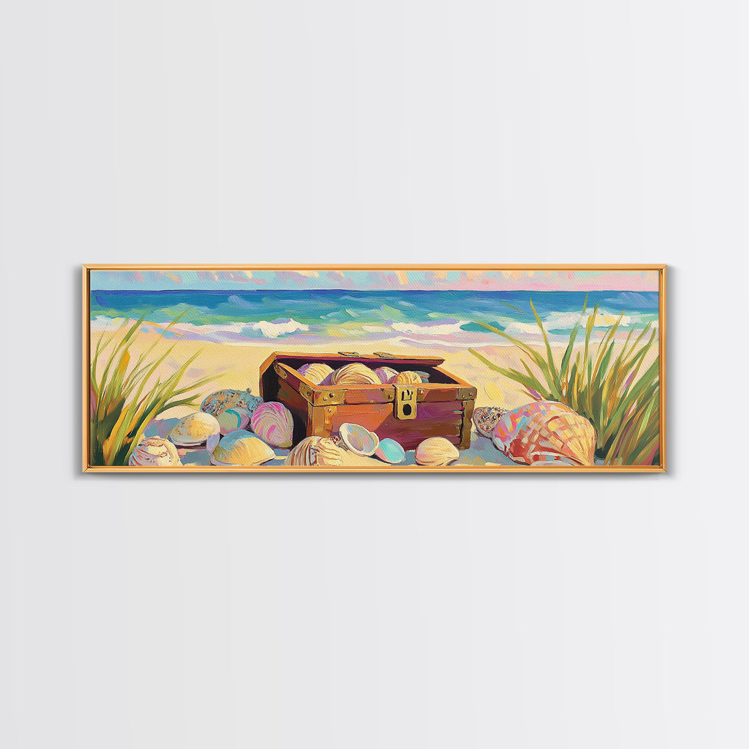 Beach Treasure Chest With Seashells Wall Art, Coastal Canvas Print, Ocean Decor, Beach House Decor, Summer Seascape Gift