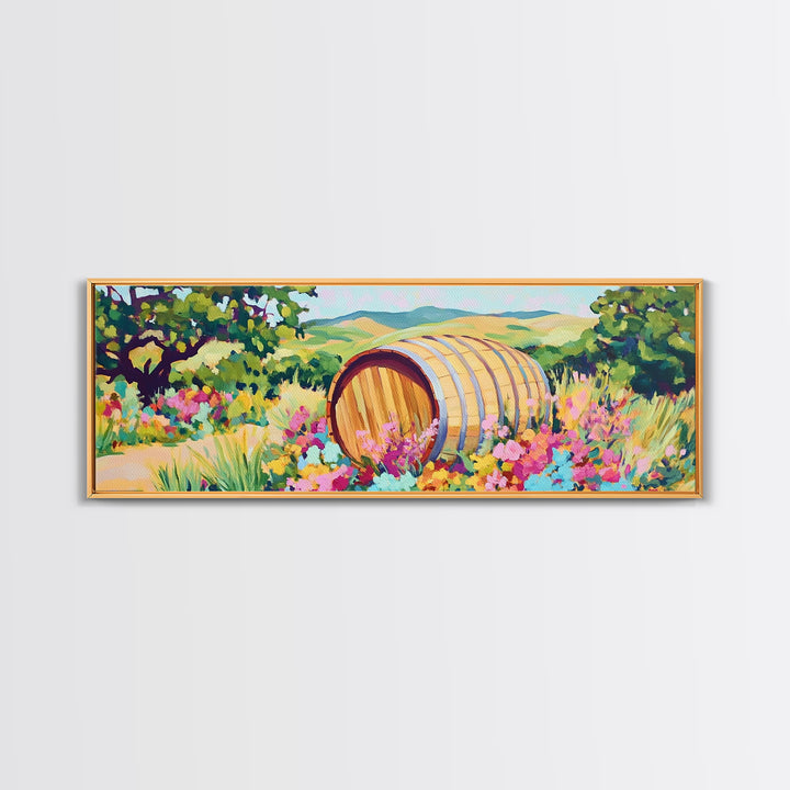 Wine Barrel In Wildflower Vineyard Wall Art, Framed Canvas Print, Winery Decor, Rustic Landscape Art, Housewarming Gift For Her