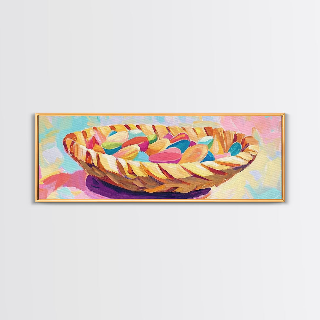 Woven Basket Of Colorful Candy Canvas Print, Whimsical Kitchen Wall Art, Dopamine Decor, Playful Dining Room Art Print Gift