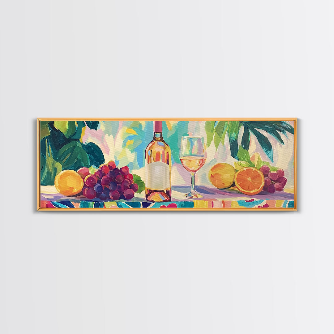 Wine Bottle With Citrus And Grapes Canvas Print, Colorful Kitchen Wall Art, Coastal Dining Room Decor, Wine Lover Gift Idea