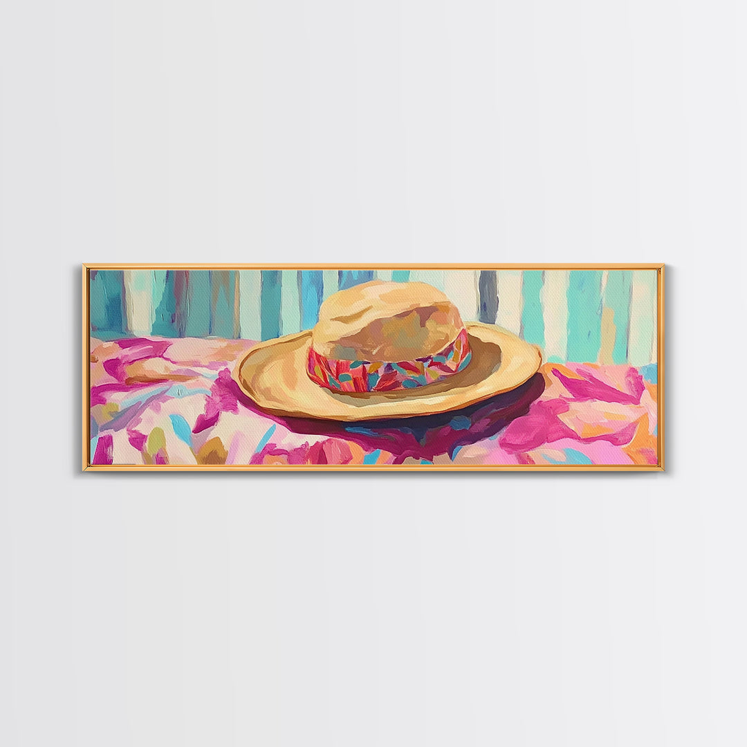 Straw Hat On Floral Beach Towel Canvas Print, Coastal Wall Art, Summer Patio Decor, Beach House Gift For Her, Tropical Home Decor