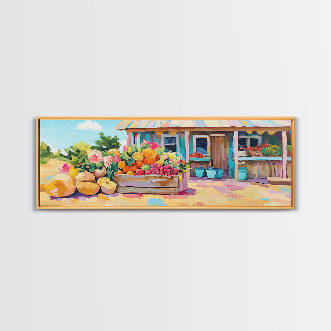 Fruit Stand With Flowers And Citrus Canvas Print, Farmhouse Kitchen Wall Art, Country Home Decor, Farmers Market Gift Idea