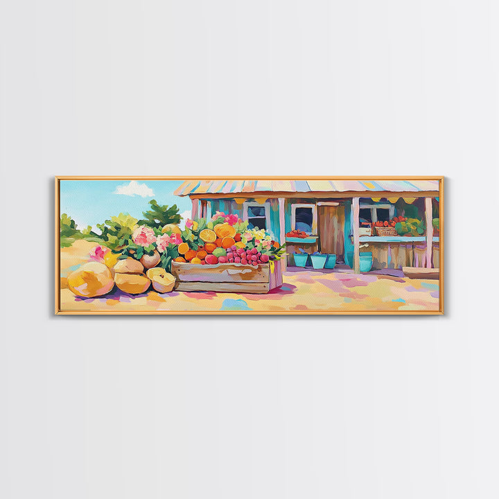 Fruit Stand With Flowers And Citrus Canvas Print, Farmhouse Kitchen Wall Art, Country Home Decor, Farmers Market Gift Idea
