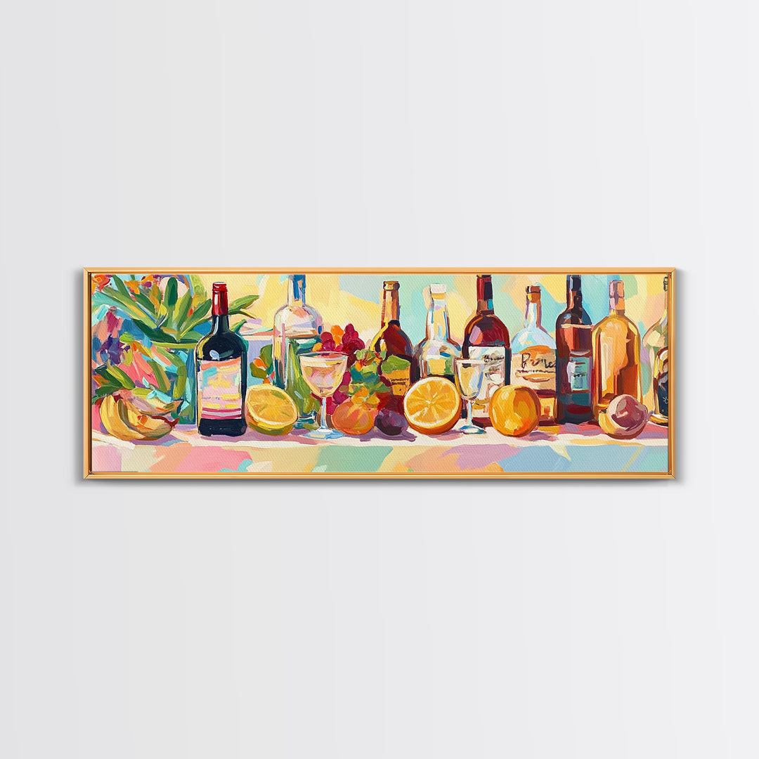 Colorful Wine Bottles And Citrus Still Life Canvas Print, Kitchen Wall Art, Dining Room Decor, Bar Cart Art, Wine Lover Gift