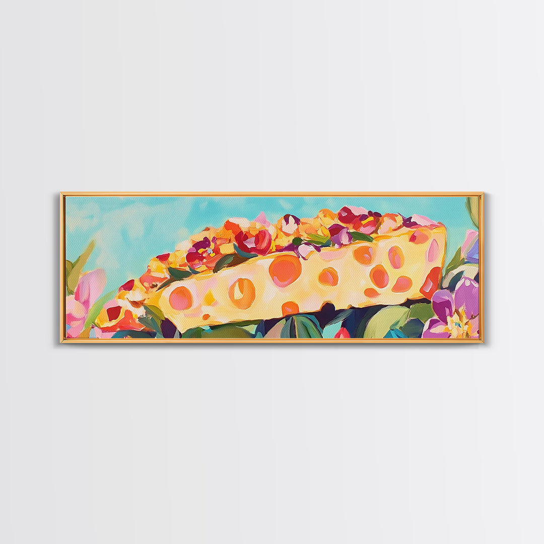 Whimsical Cheese Wedge Still Life Canvas Print, Kitchen Wall Art, Dining Room Decor, Foodie Gift, Colorful Kitchen Art Print