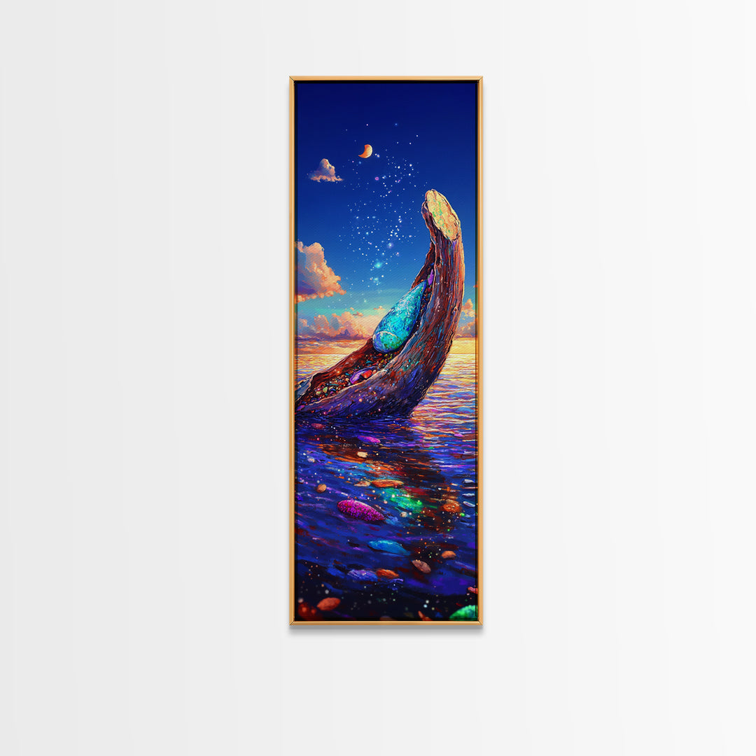 Moonlit Ocean Whale Canvas Print, Colorful Seascape Painting, Magical Coastal Wall Art, Beach House Decor, Fantasy Gift Idea
