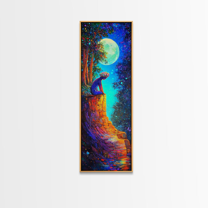 Moonlit Black Cat On Stone Wall Canvas Print, Whimsical Fantasy Wall Art, Celestial Decor, Cat Lover Gift, Nursery Art Print