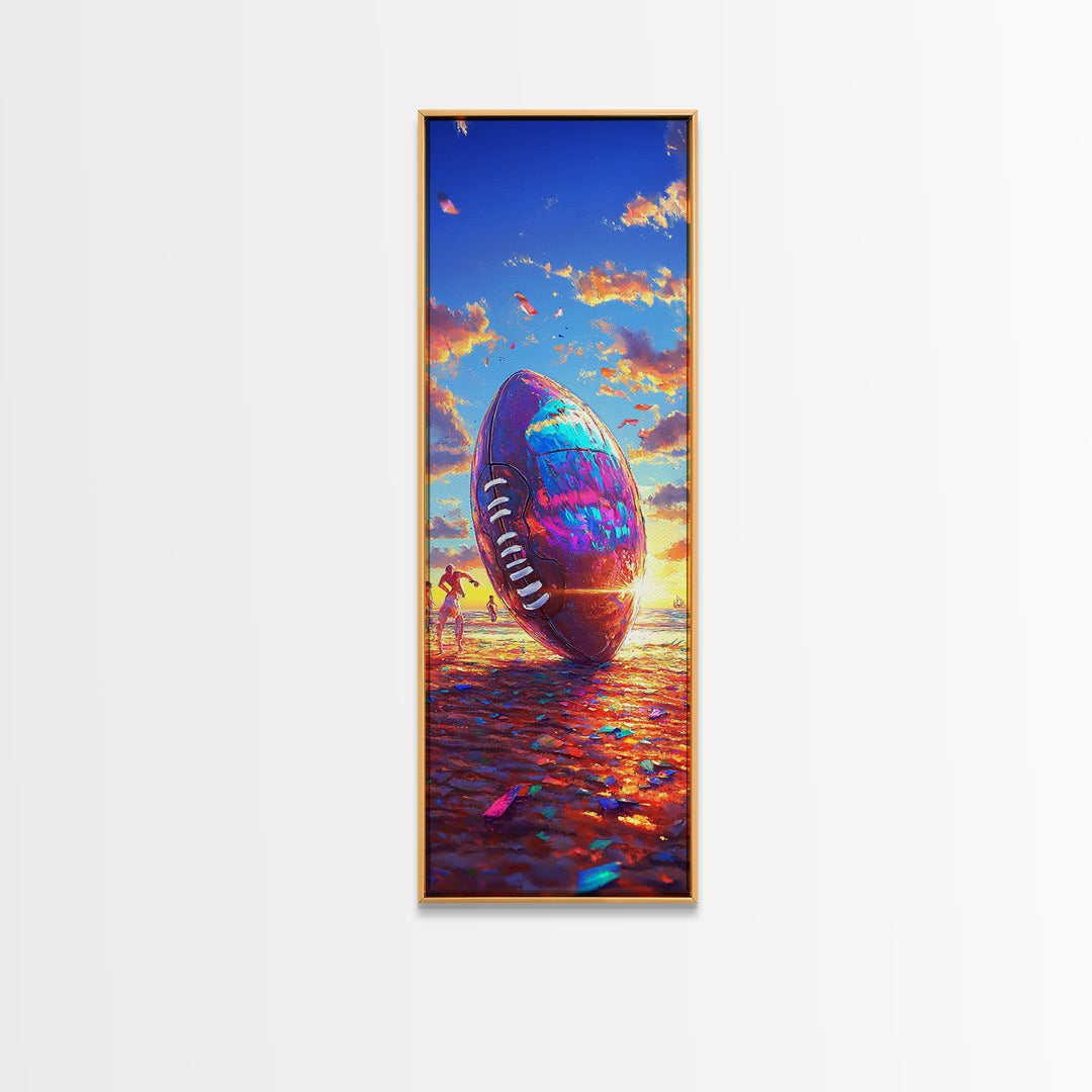 Giant Football At Sunset Beach Canvas Print, Sports Wall Art, Boys Room Decor, Game Room Art, Gift For Him, Sports Gift For Dad