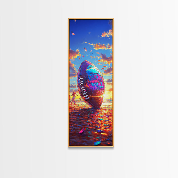 Giant Football At Sunset Beach Canvas Print, Sports Wall Art, Boys Room Decor, Game Room Art, Gift For Him, Sports Gift For Dad