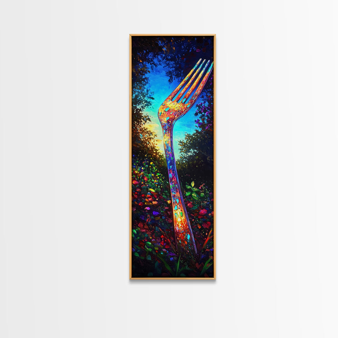 Giant Rainbow Fork In Garden Wall Art, Surreal Kitchen Canvas Print, Whimsical Food Decor, Funky Dining Room Art Print Gift