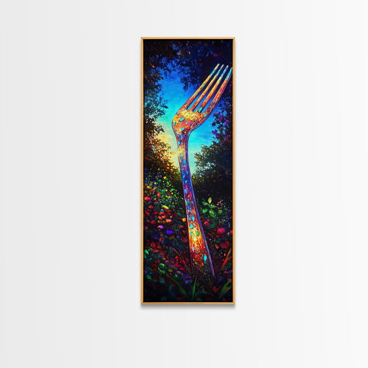 Giant Rainbow Fork In Garden Wall Art, Surreal Kitchen Canvas Print, Whimsical Food Decor, Funky Dining Room Art Print Gift