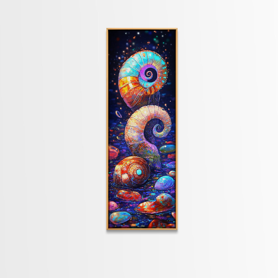 Rainbow Spiral Seashells And Pebbles Wall Art, Coastal Canvas Print, Nautical Bathroom Decor, Ocean Lover Gift For Her Beach
