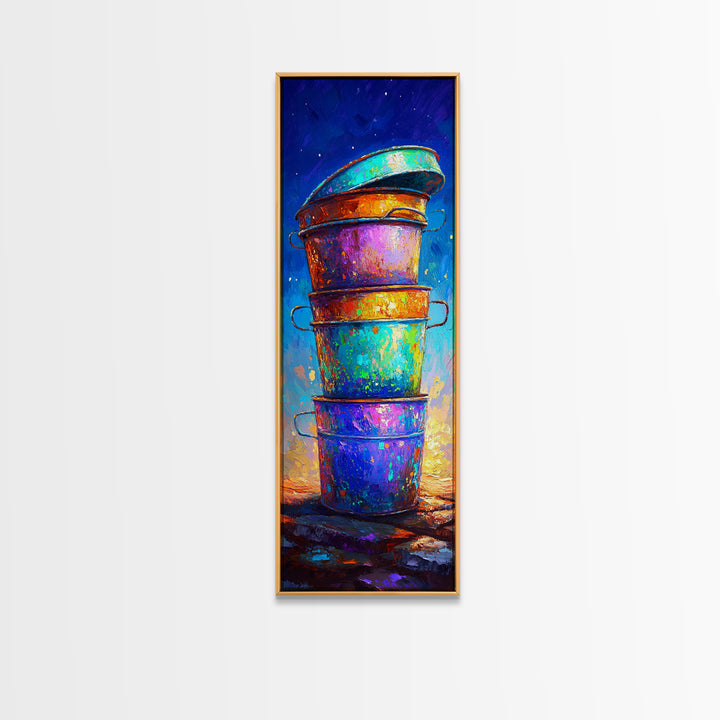 Stacked Rainbow Metal Buckets Framed Canvas Print, Rustic Farmhouse Wall Art, Colorful Laundry Room Decor, Unique Art Gift