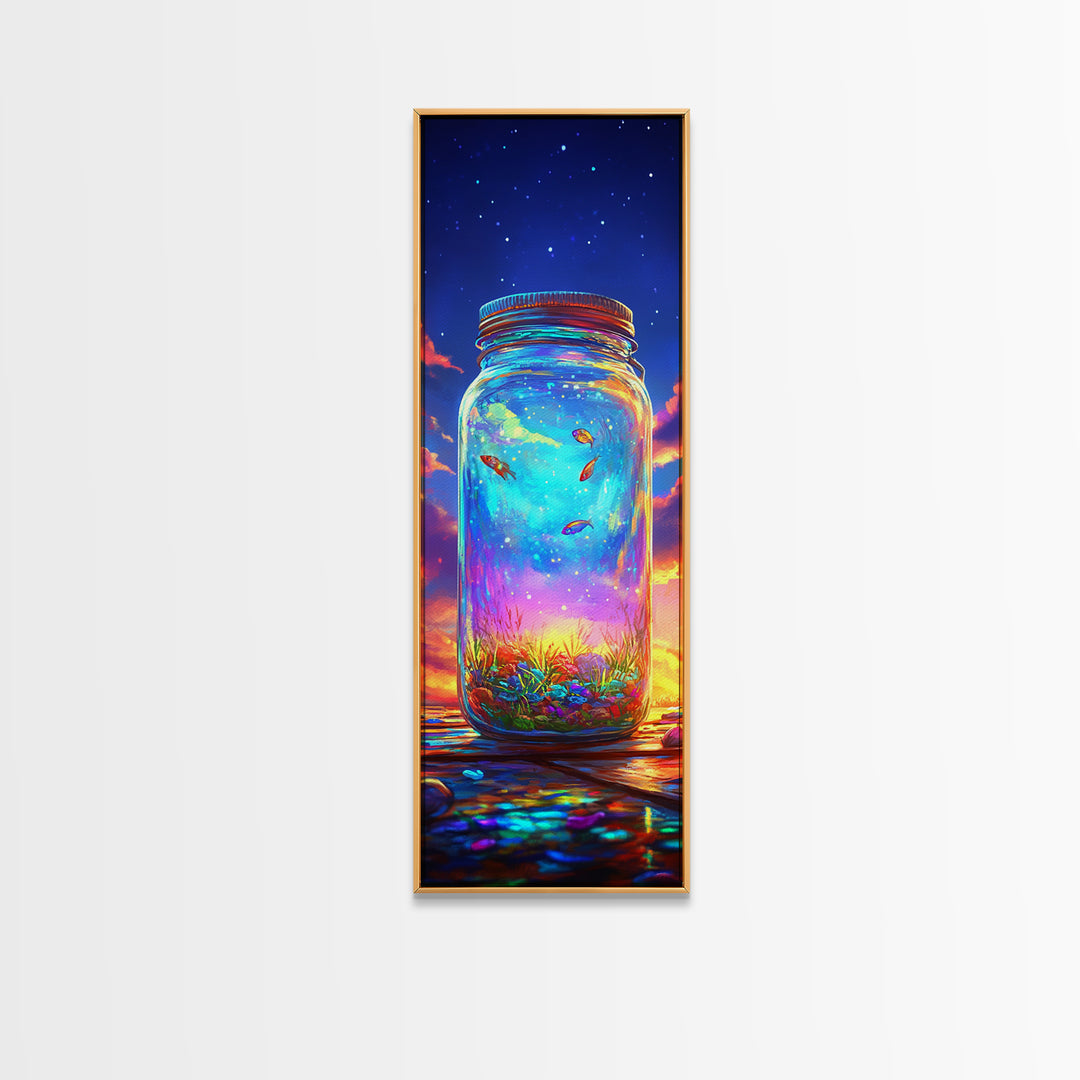 Glowing Mason Jar With Tiny Fish At Sunset Canvas Print, Magical Celestial Wall Art, Colorful Nature Decor, Unique Art Gift