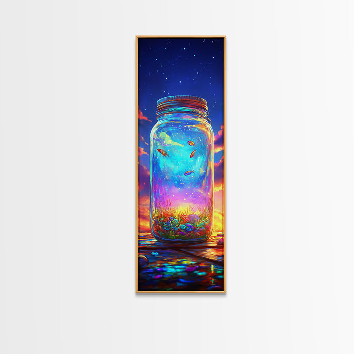 Glowing Mason Jar With Tiny Fish At Sunset Canvas Print, Magical Celestial Wall Art, Colorful Nature Decor, Unique Art Gift