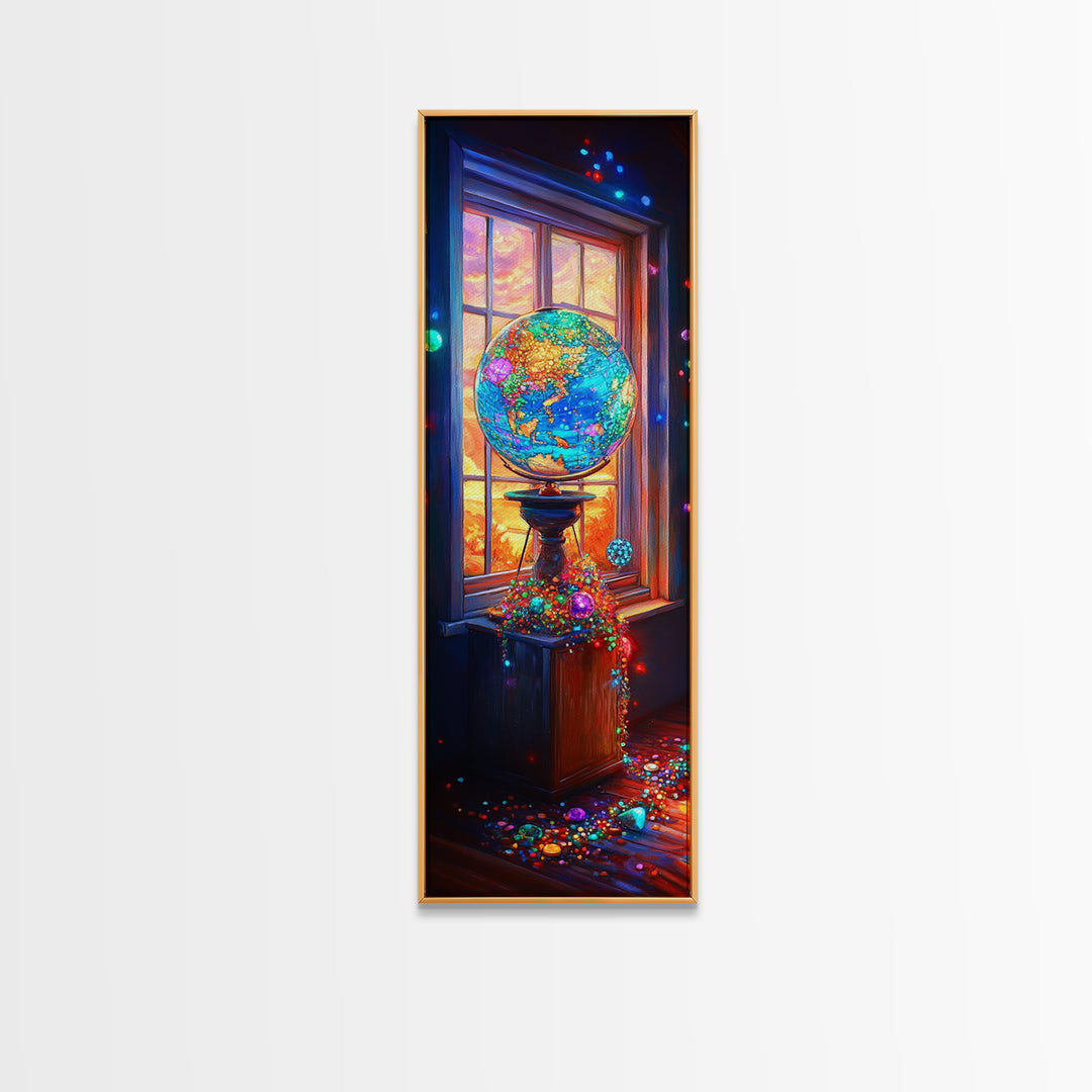 Glowing Jeweled Globe By Window Framed Canvas Print, Colorful Celestial Wall Art, Whimsical Office Decor, Unique Art Gift
