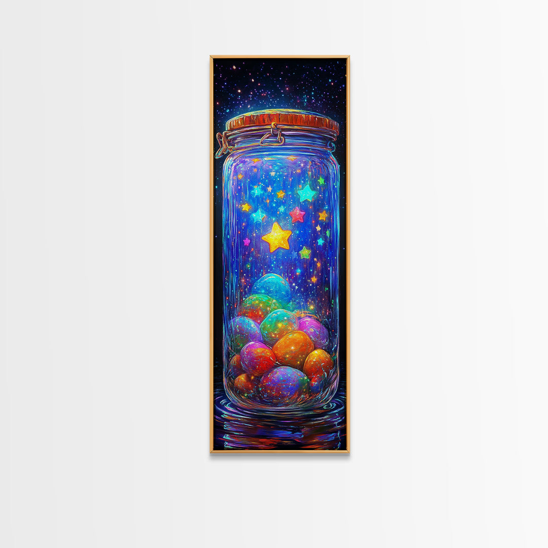 Glowing Star Jar With Tiny Planets Wall Art, Whimsical Celestial Canvas, Colorful Nursery Decor, Space Lover Gift Print Poster